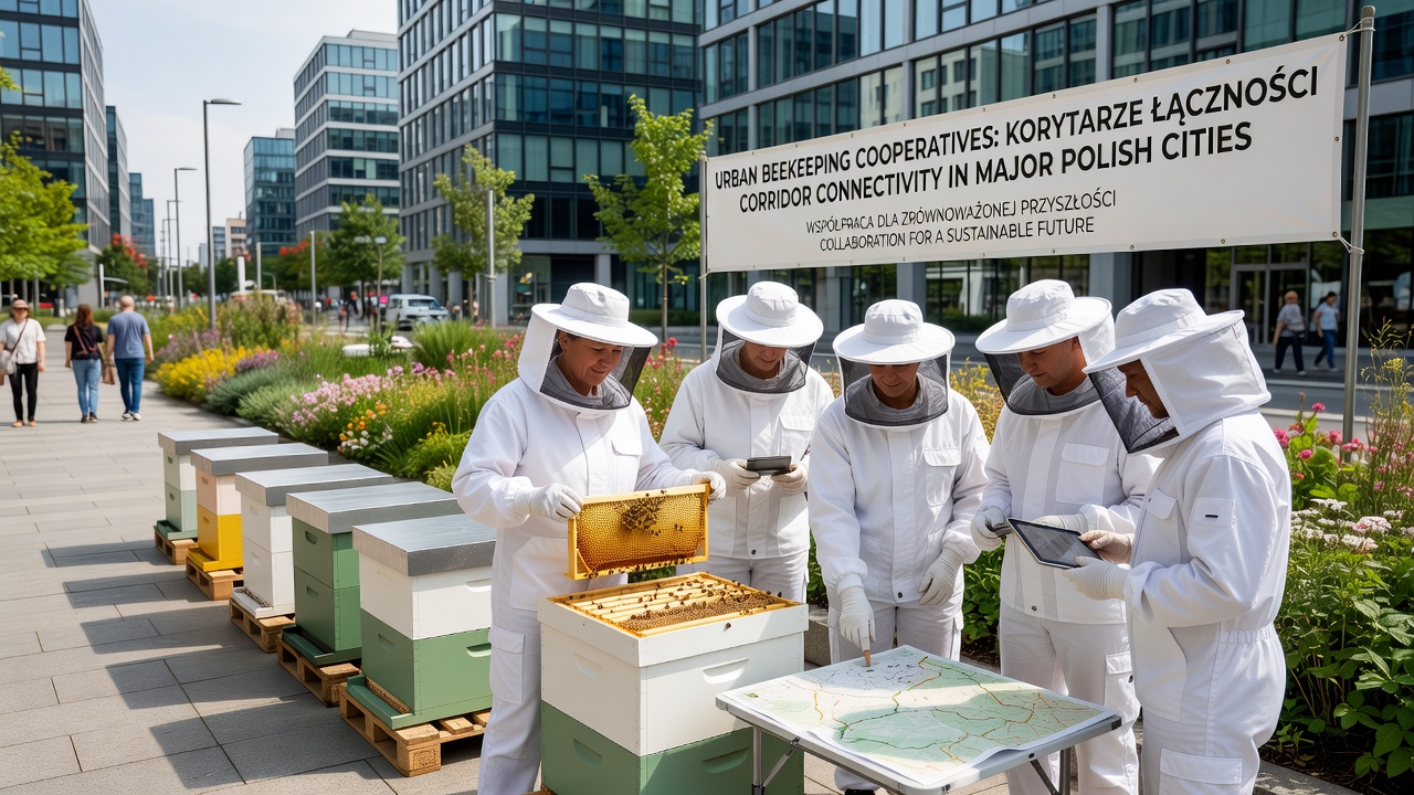Beekeepers inspecting connected flower strips along an urban railway line